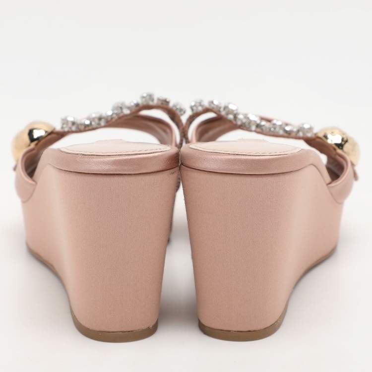 Pre Owned Miu Miu Nude Pink Satin Crystal Embellished Wedge Platform Slide Sandals Size 38.5