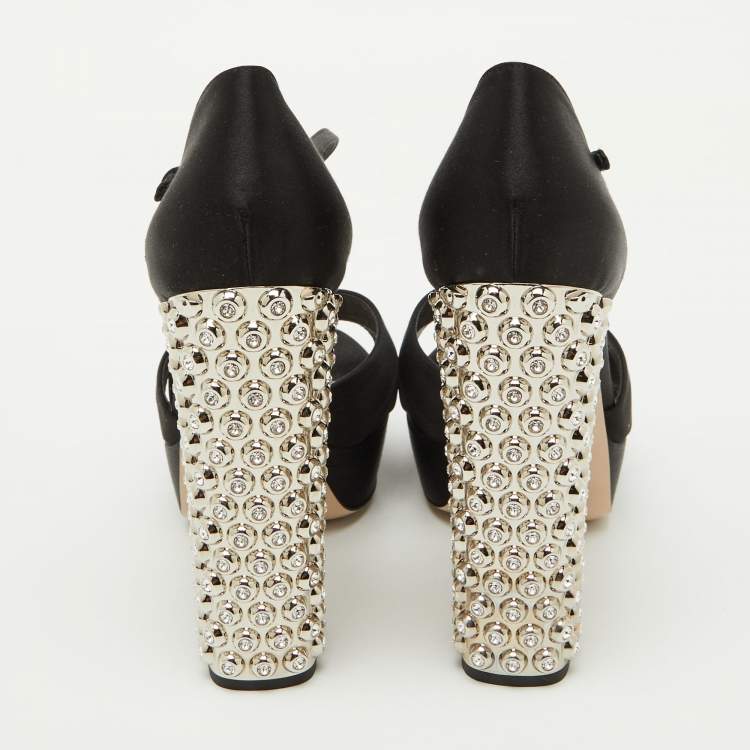 Pre Owned Miu Miu Black Satin T-Strap Crystal Embellished Heel Platform Sandals Size 39