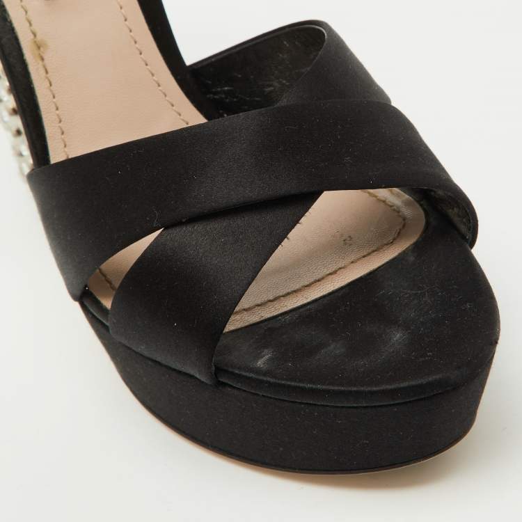 Pre Owned Miu Miu Black Satin T-Strap Crystal Embellished Heel Platform Sandals Size 39
