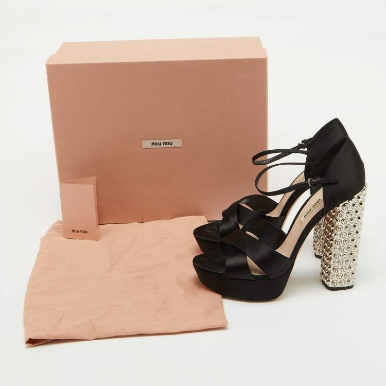 Pre Owned Miu Miu Black Satin T-Strap Crystal Embellished Heel Platform Sandals Size 39