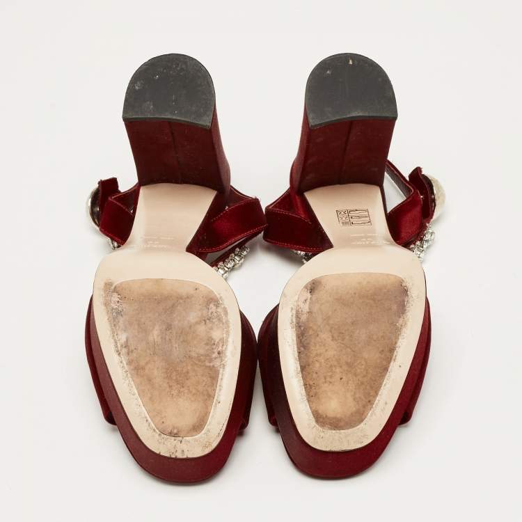 Pre Owned Miu Miu Burgundy Satin Crystal Embellished Platform Sandals Size 39