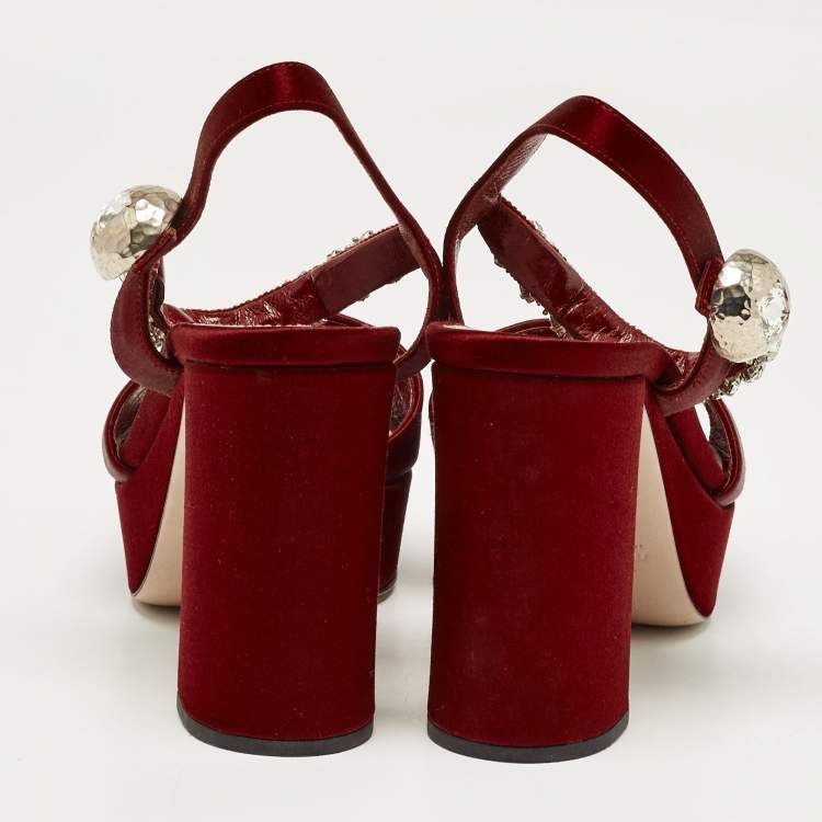 Pre Owned Miu Miu Burgundy Satin Crystal Embellished Platform Sandals Size 39