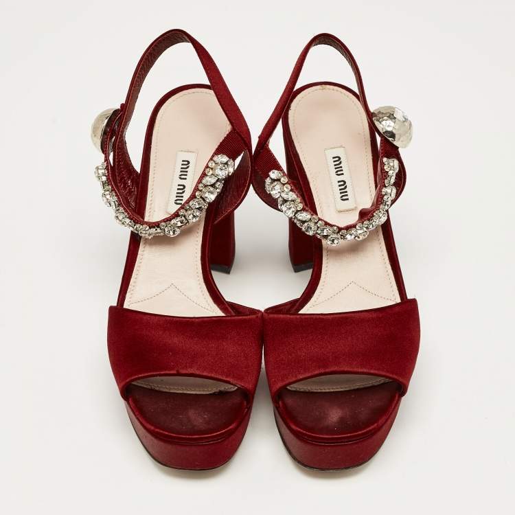Pre Owned Miu Miu Burgundy Satin Crystal Embellished Platform Sandals Size 39