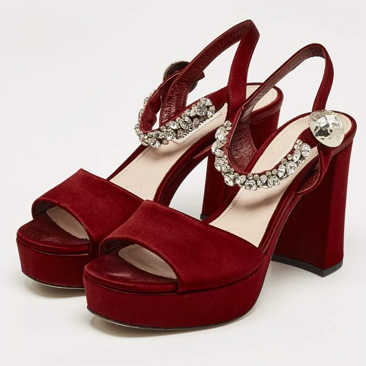 Pre Owned Miu Miu Burgundy Satin Crystal Embellished Platform Sandals Size 39