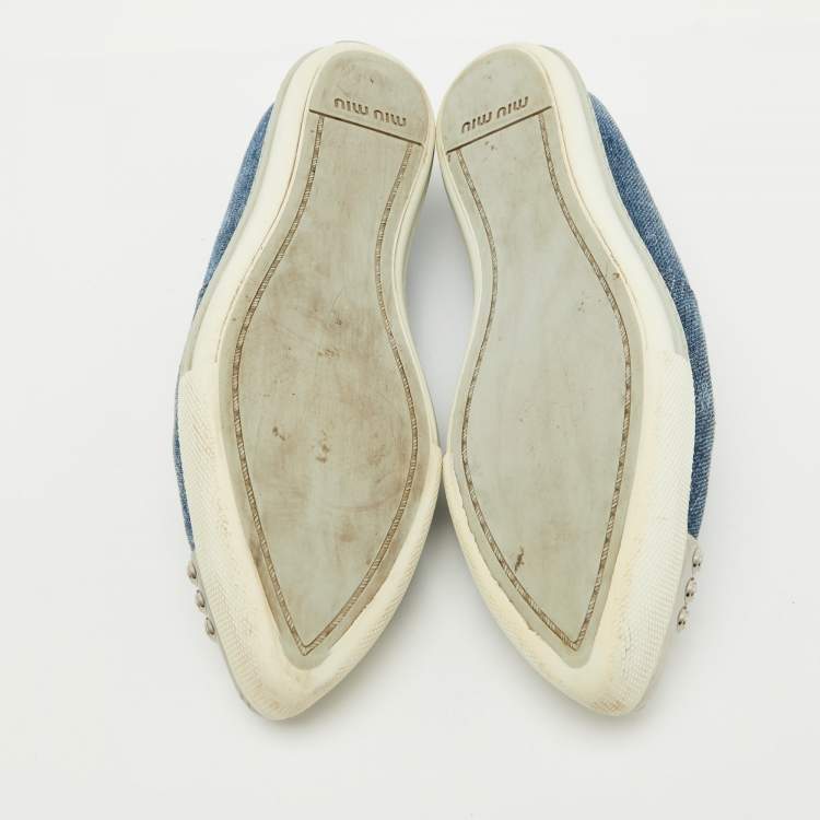 Pre Owned Miu Miu Blue Denim Crystal Embellished Cap Toe Slip On Sneakers Size 37