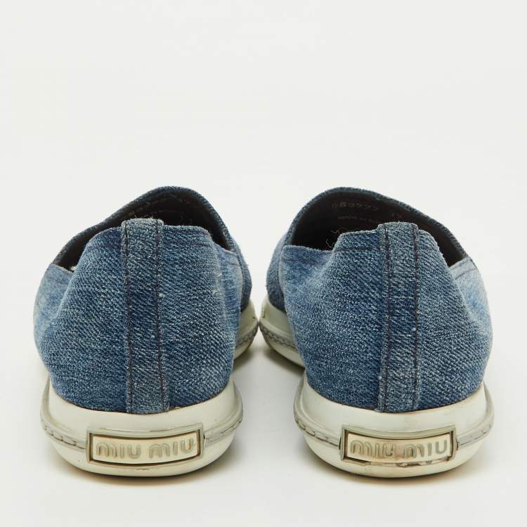Pre Owned Miu Miu Blue Denim Crystal Embellished Cap Toe Slip On Sneakers Size 37