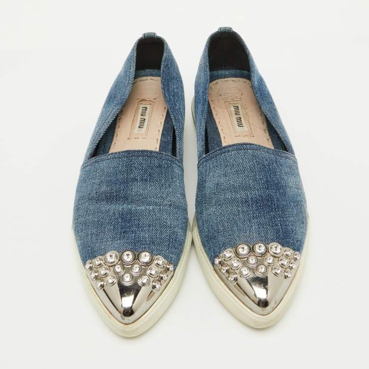 Pre Owned Miu Miu Blue Denim Crystal Embellished Cap Toe Slip On Sneakers Size 37