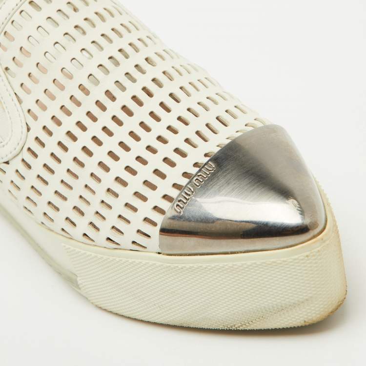 Pre Owned Miu Miu White Perforated Leather Metal Cap Toe Slip On Sneakers Size 37.5