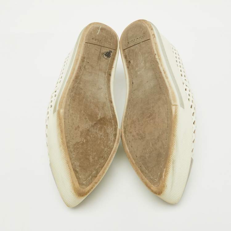 Pre Owned Miu Miu White Perforated Leather Metal Cap Toe Slip On Sneakers Size 37.5