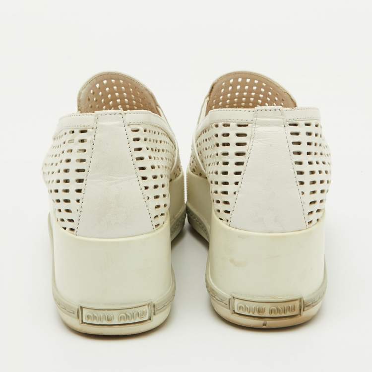 Pre Owned Miu Miu White Perforated Leather Metal Cap Toe Slip On Sneakers Size 37.5