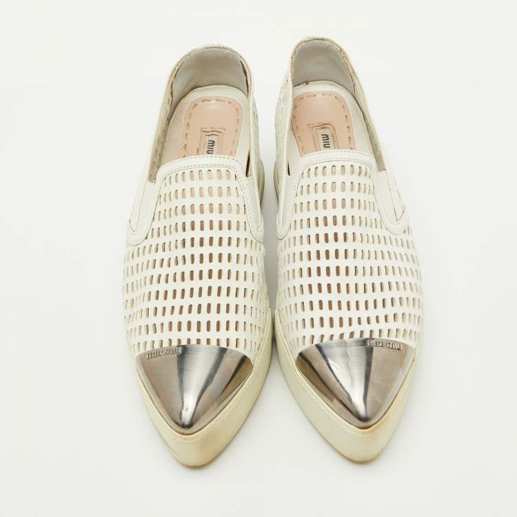 Pre Owned Miu Miu White Perforated Leather Metal Cap Toe Slip On Sneakers Size 37.5