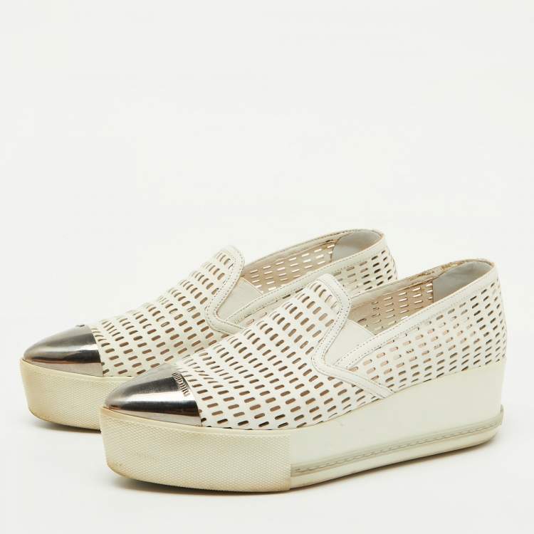 Pre Owned Miu Miu White Perforated Leather Metal Cap Toe Slip On Sneakers Size 37.5