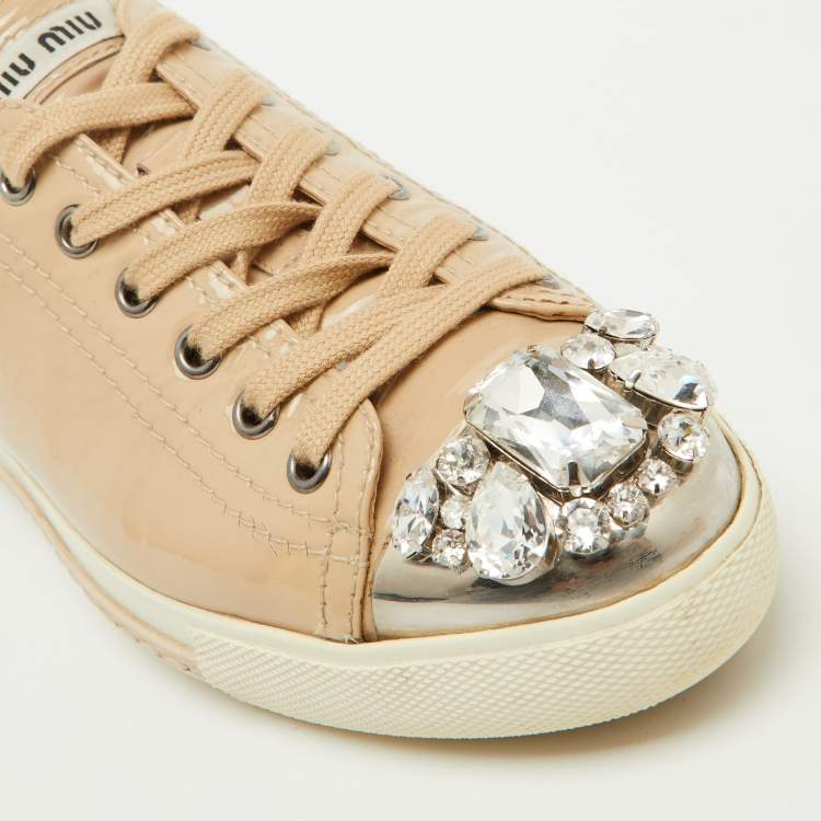 Pre Owned Miu Miu Beige Patent Leather Cap Toe Crystal Embellished Low Top Sneakers Size 37.5