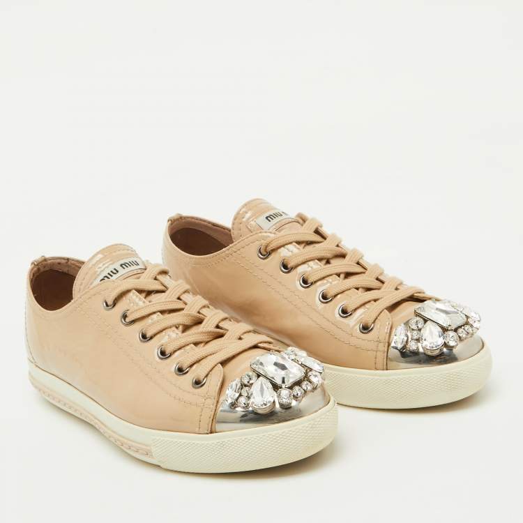 Pre Owned Miu Miu Beige Patent Leather Cap Toe Crystal Embellished Low Top Sneakers Size 37.5