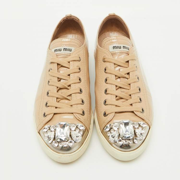 Pre Owned Miu Miu Beige Patent Leather Cap Toe Crystal Embellished Low Top Sneakers Size 37.5