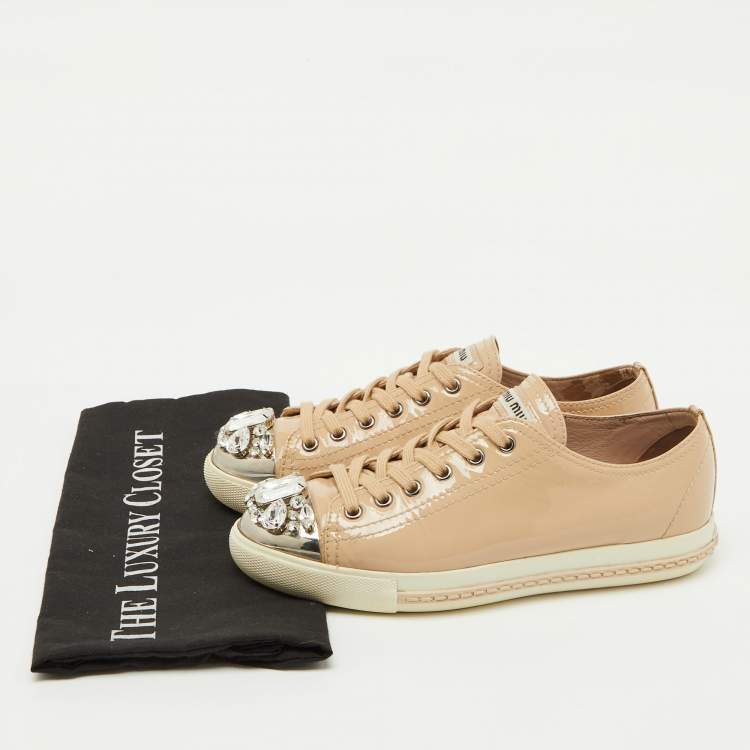 Pre Owned Miu Miu Beige Patent Leather Cap Toe Crystal Embellished Low Top Sneakers Size 37.5