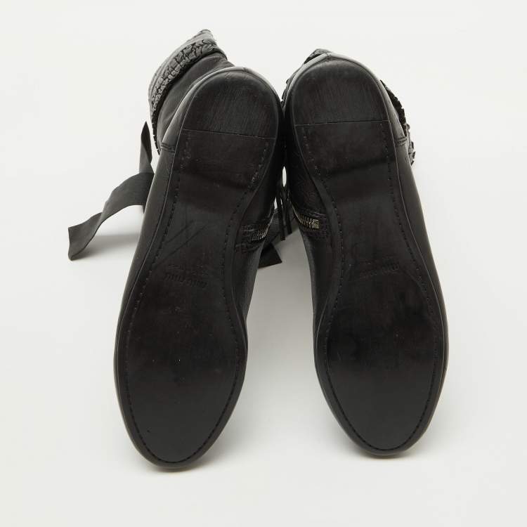 Pre Owned Miu Miu Black Leather Gathered Bow Calf Length Boots Size 37