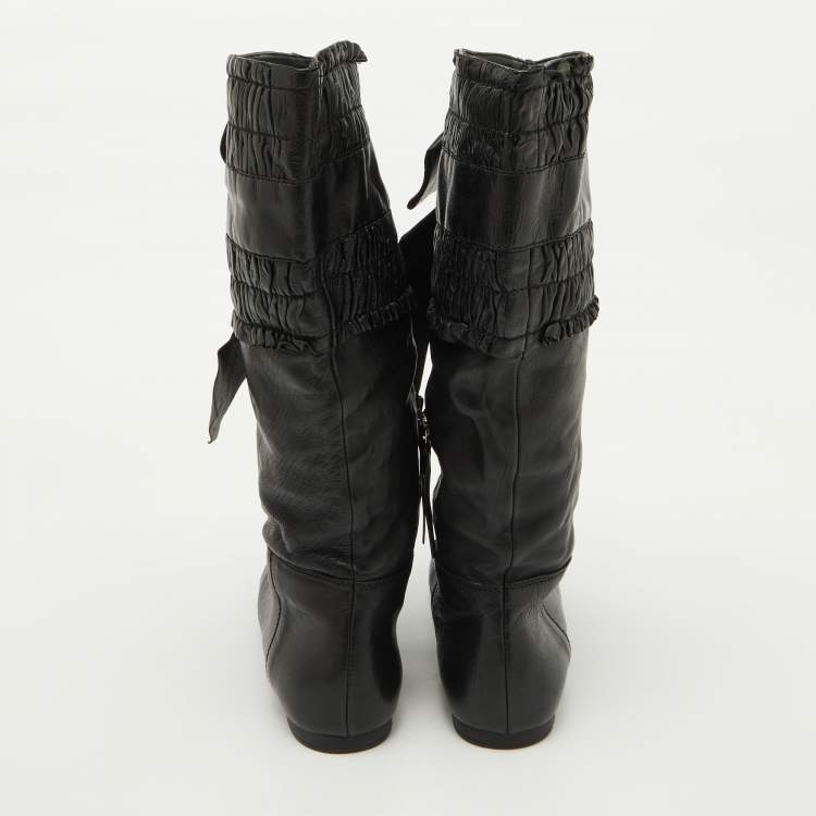 Pre Owned Miu Miu Black Leather Gathered Bow Calf Length Boots Size 37