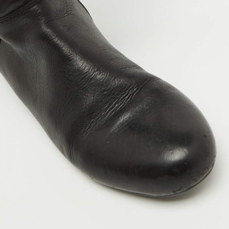 Pre Owned Miu Miu Black Leather Gathered Bow Calf Length Boots Size 37