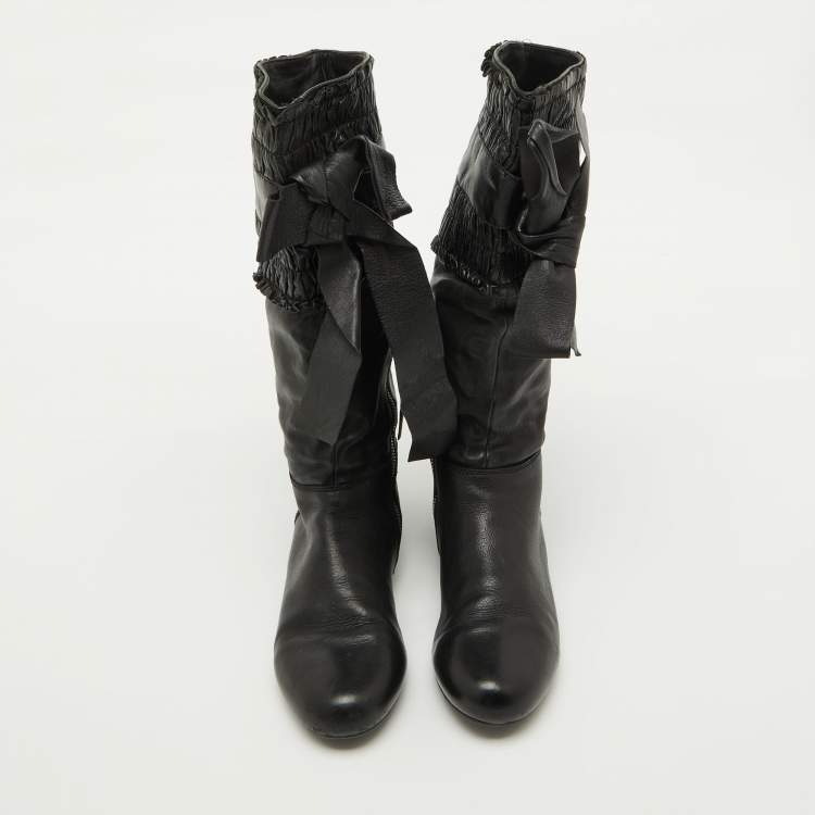 Pre Owned Miu Miu Black Leather Gathered Bow Calf Length Boots Size 37