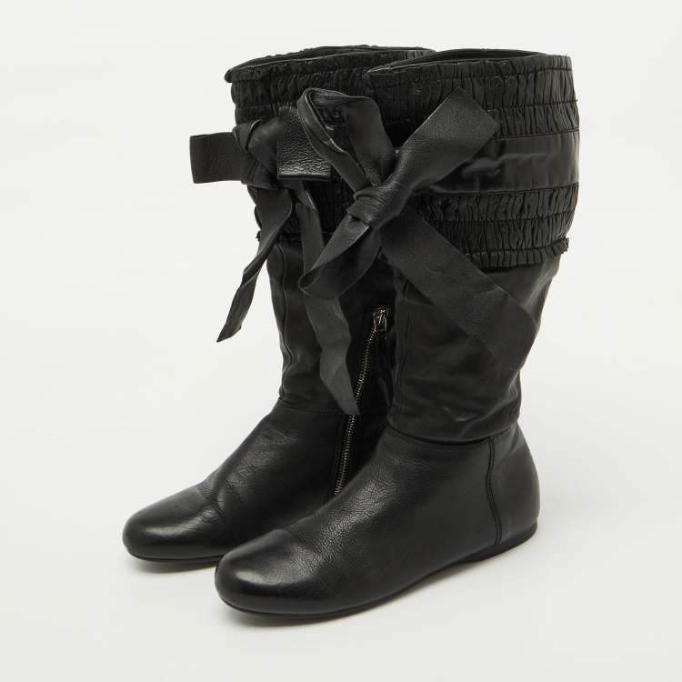 Pre Owned Miu Miu Black Leather Gathered Bow Calf Length Boots Size 37