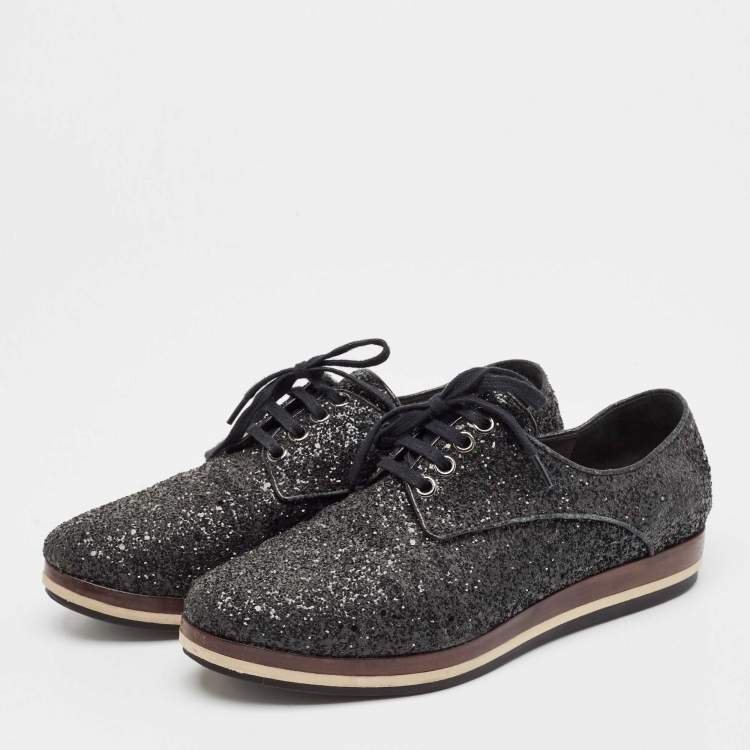 Pre Owned Miu Miu Black Glitter Lace Up Sneakers Size 39