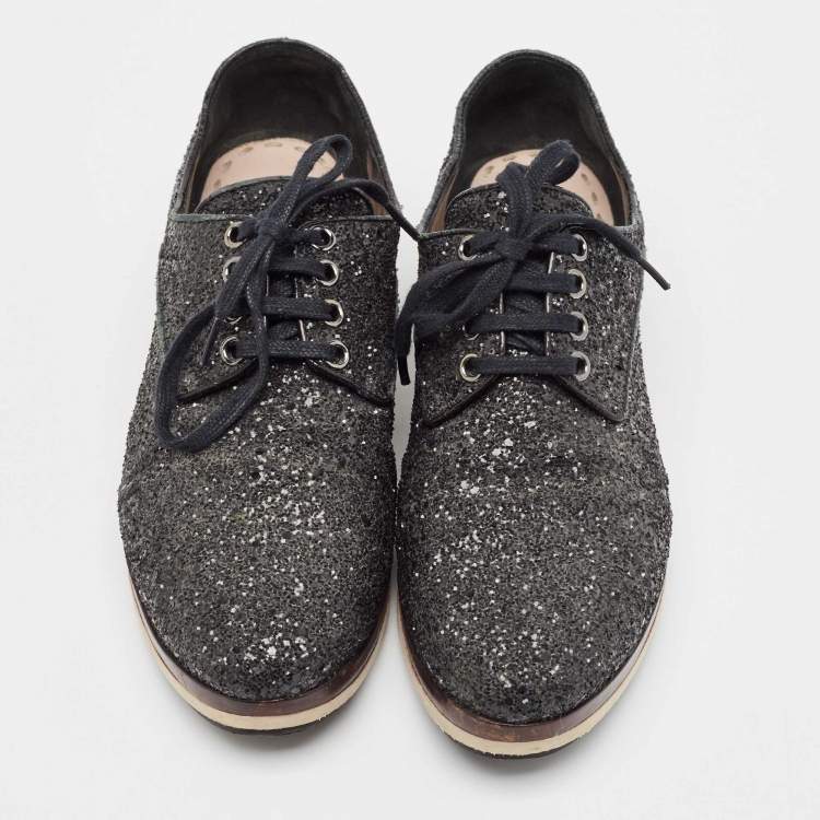 Pre Owned Miu Miu Black Glitter Lace Up Sneakers Size 39