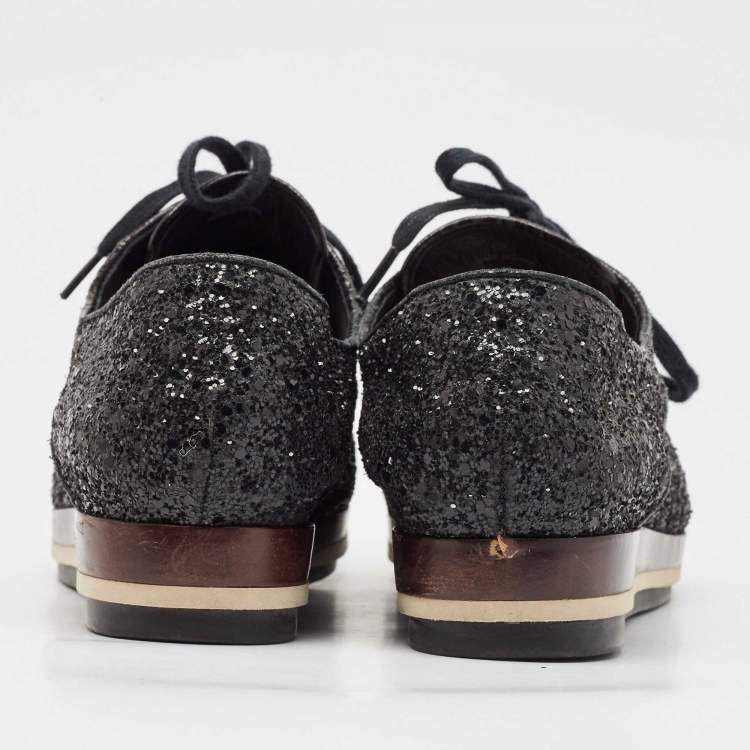 Pre Owned Miu Miu Black Glitter Lace Up Sneakers Size 39