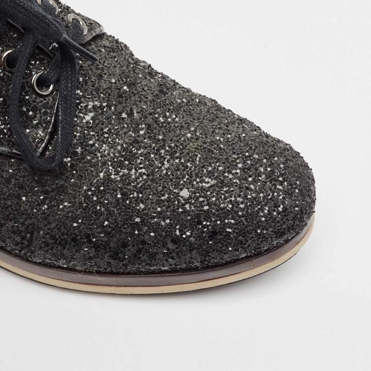 Pre Owned Miu Miu Black Glitter Lace Up Sneakers Size 39