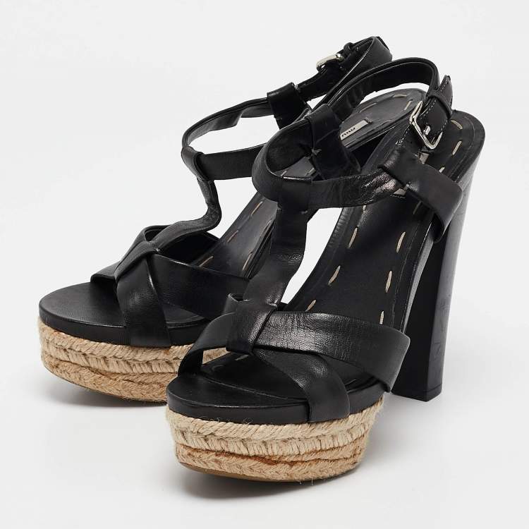 Pre Owned Miu Miu Black Leather Platform Ankle Strap Sandals Size 38.5