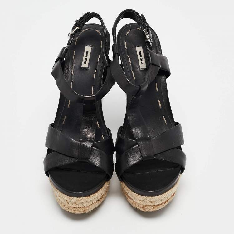 Pre Owned Miu Miu Black Leather Platform Ankle Strap Sandals Size 38.5
