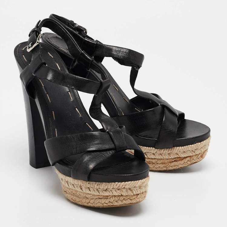 Pre Owned Miu Miu Black Leather Platform Ankle Strap Sandals Size 38.5