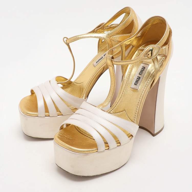 Pre Owned Miu Miu White/Gold Leather and Satin Platform Sandals Size 36