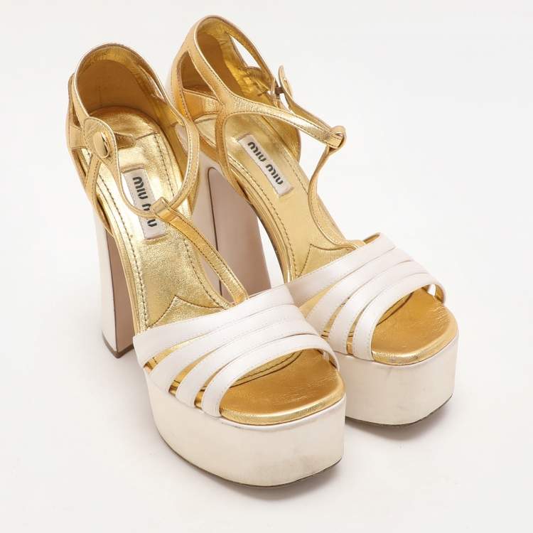 Pre Owned Miu Miu White/Gold Leather and Satin Platform Sandals Size 36