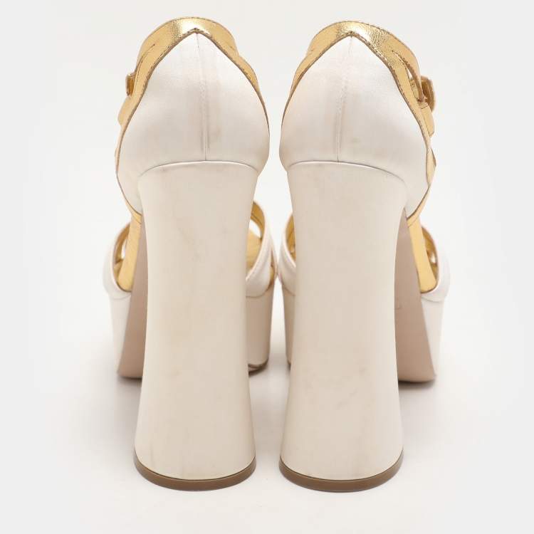 Pre Owned Miu Miu White/Gold Leather and Satin Platform Sandals Size 36