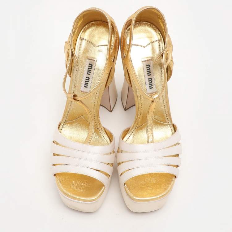 Pre Owned Miu Miu White/Gold Leather and Satin Platform Sandals Size 36
