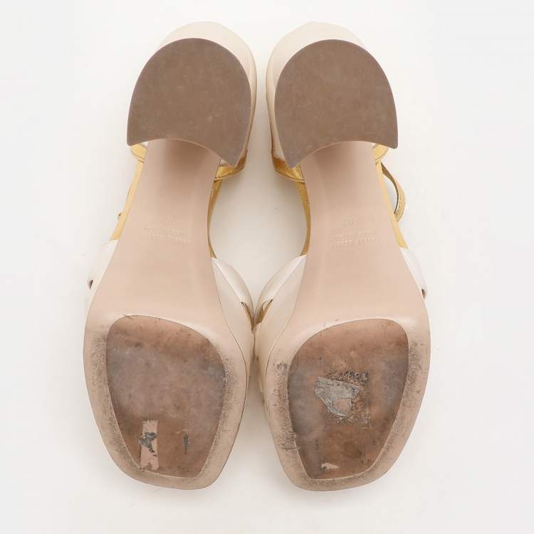 Pre Owned Miu Miu White/Gold Leather and Satin Platform Sandals Size 36