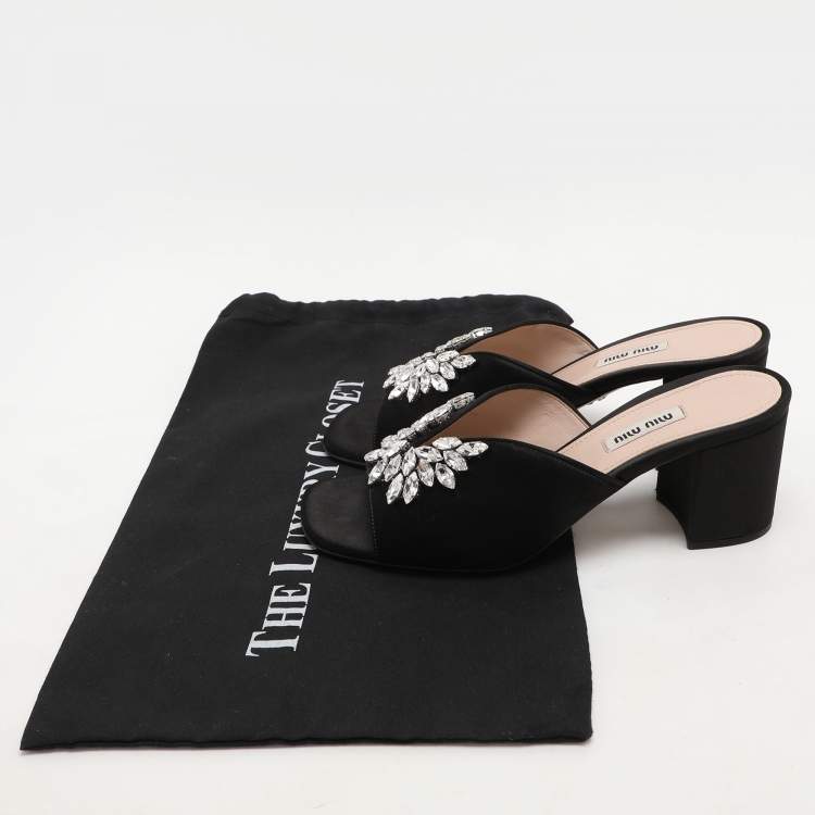 Pre Owned Miu Miu Black Satin Crystal Embellished Block Heel Slide Sandals Size 38