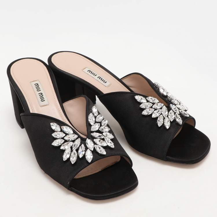 Pre Owned Miu Miu Black Satin Crystal Embellished Block Heel Slide Sandals Size 38
