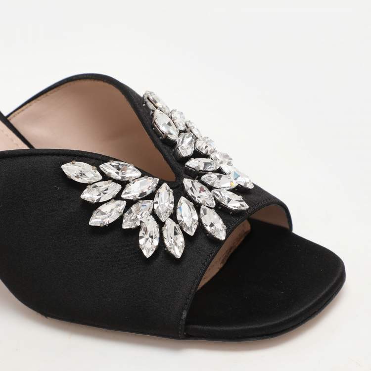 Pre Owned Miu Miu Black Satin Crystal Embellished Block Heel Slide Sandals Size 38