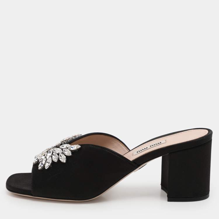 Pre Owned Miu Miu Black Satin Crystal Embellished Block Heel Slide Sandals Size 38