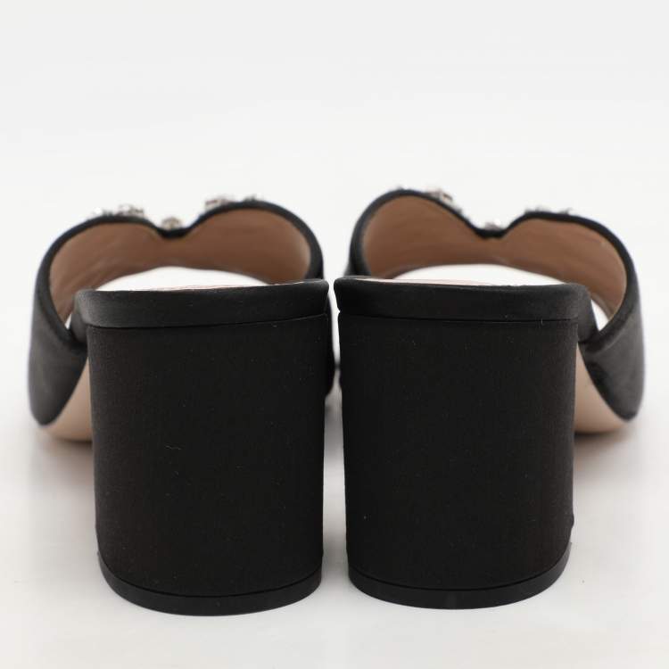 Pre Owned Miu Miu Black Satin Crystal Embellished Block Heel Slide Sandals Size 38