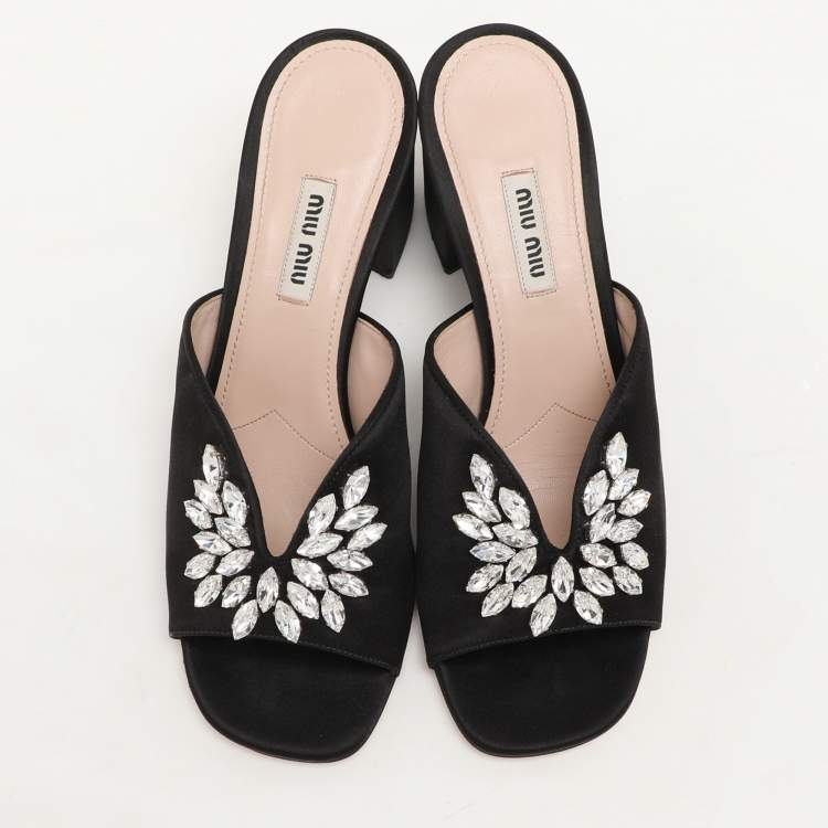 Pre Owned Miu Miu Black Satin Crystal Embellished Block Heel Slide Sandals Size 38