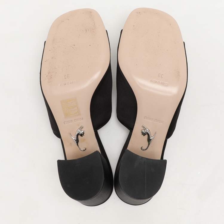 Pre Owned Miu Miu Black Satin Crystal Embellished Block Heel Slide Sandals Size 38