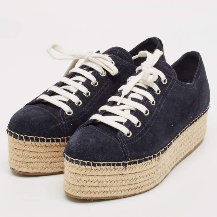 Pre Owned Miu Miu Navy Blue Suede Espadrille Platform Espadrille Sneakers Size 39