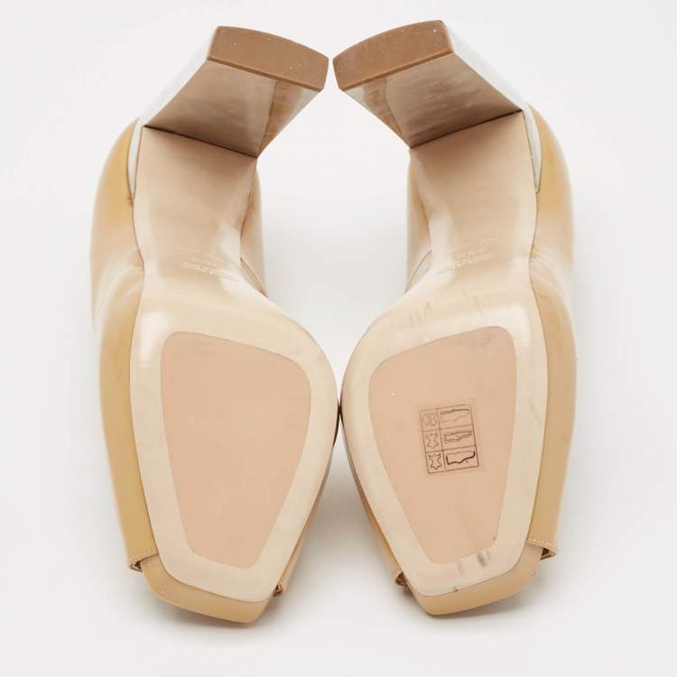 Pre Owned Miu Miu Beige Patent Leather Peep Toe Platform Pumps Size 39.5