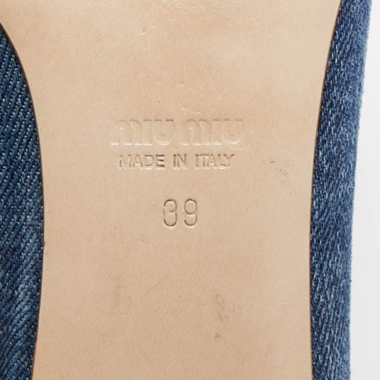 Pre Owned Miu Miu Blue Denim Bow  Crystal Embellished Smoking Slippers Size 39