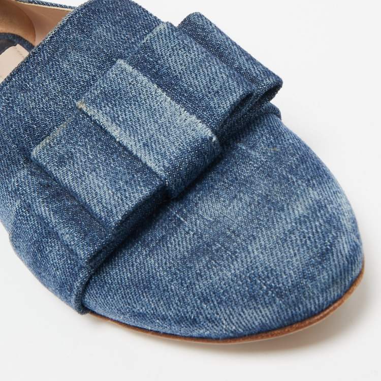 Pre Owned Miu Miu Blue Denim Bow  Crystal Embellished Smoking Slippers Size 39