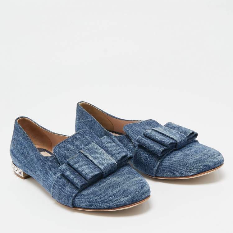 Pre Owned Miu Miu Blue Denim Bow  Crystal Embellished Smoking Slippers Size 39