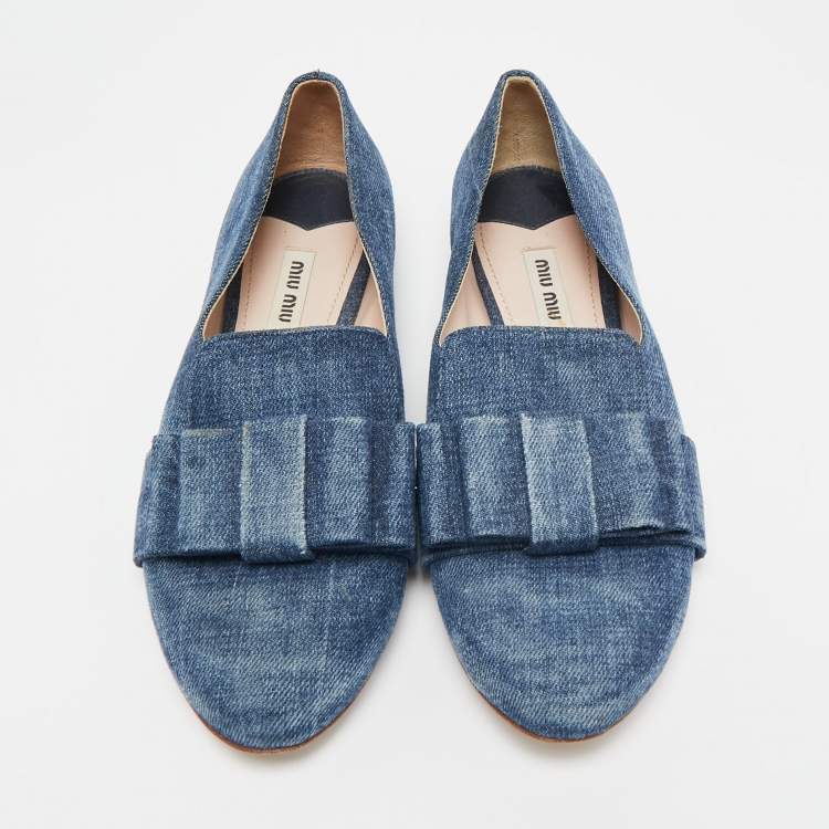 Pre Owned Miu Miu Blue Denim Bow  Crystal Embellished Smoking Slippers Size 39